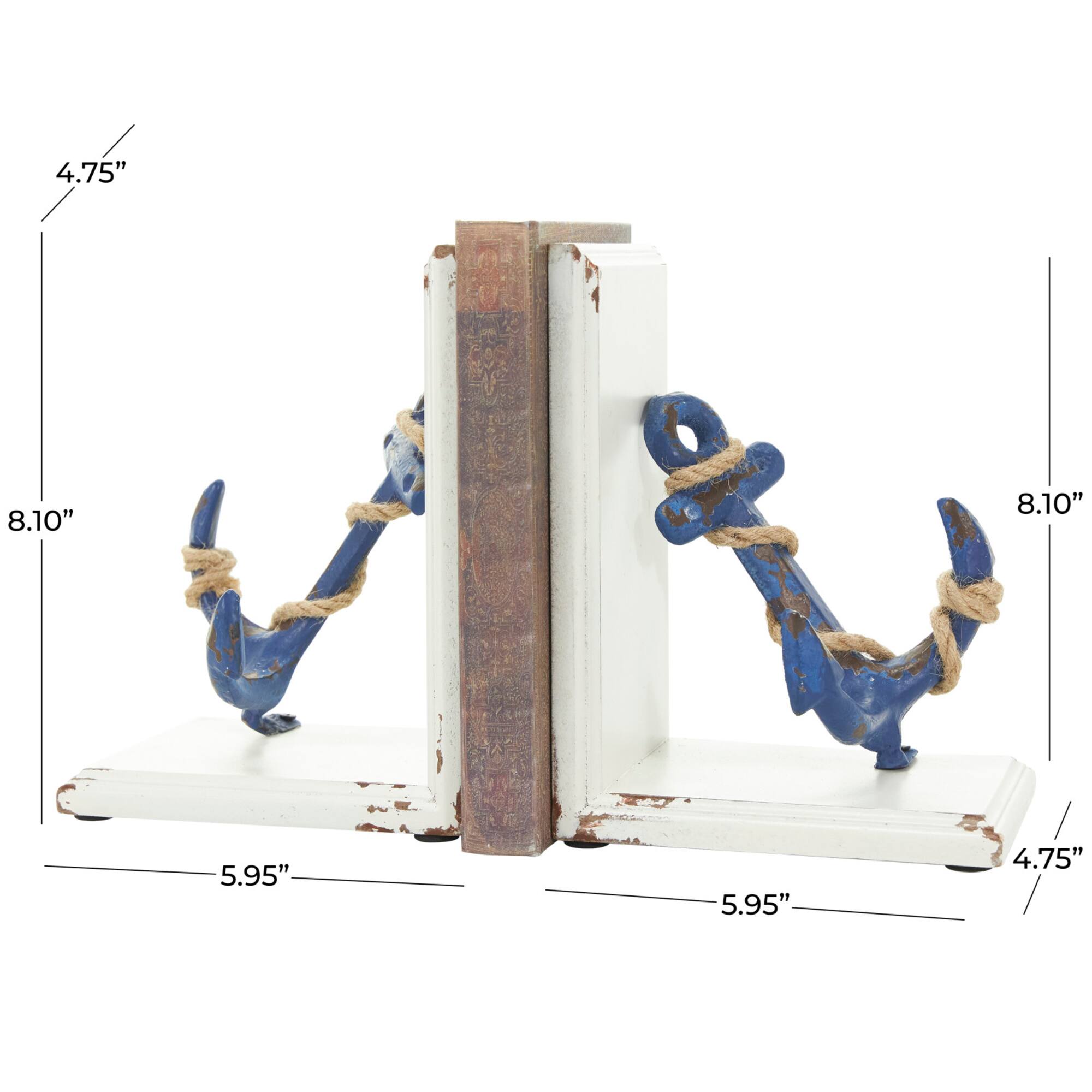 8" Blue Wood Anchor Distressed Bookends with Rope Accents & White Wood Stands Set